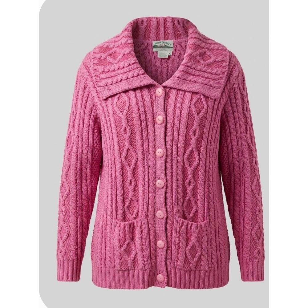 NWOT Aran Crafts Merino Wool Cardigan XL Cable Knit Fisherman Pink Ireland